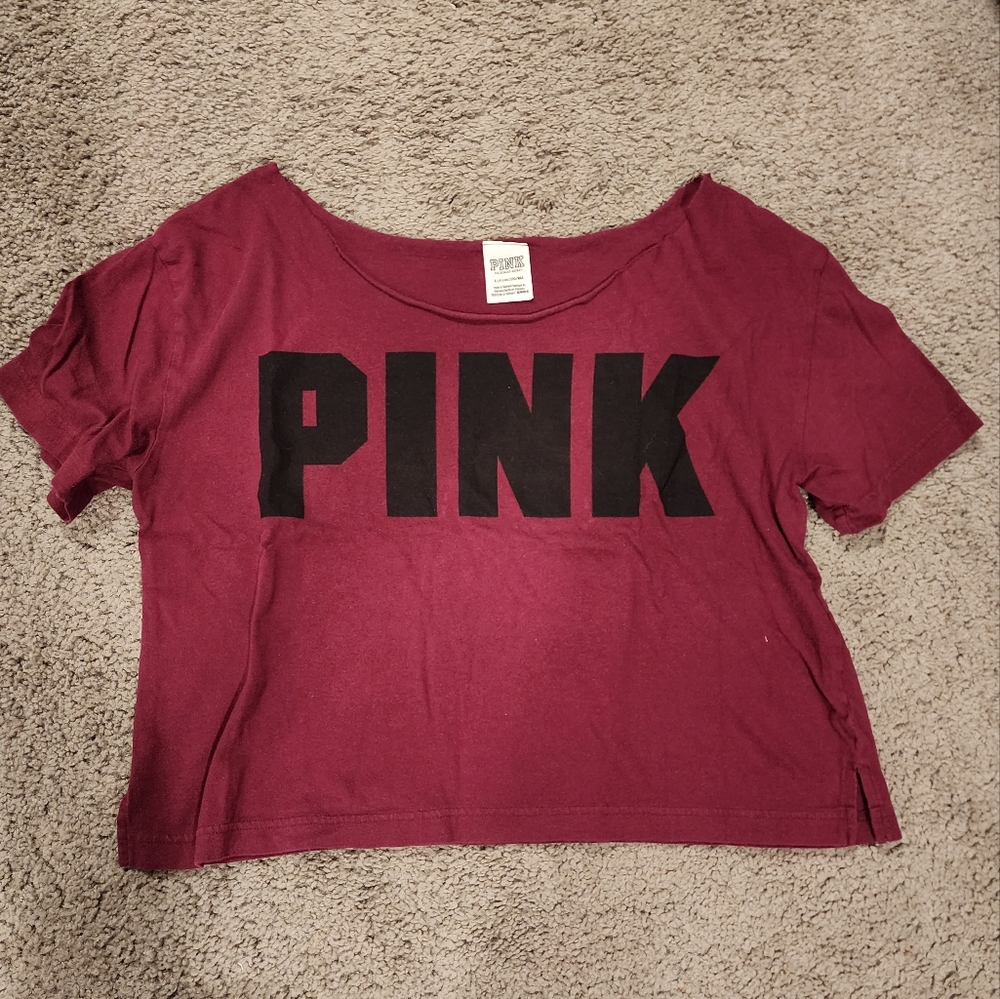 Victoria's Secret PINK Maroon Cropped Tee with Large Pink Logo Womens Small